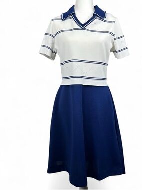 Sears vintage white and navy blue striped collared dress